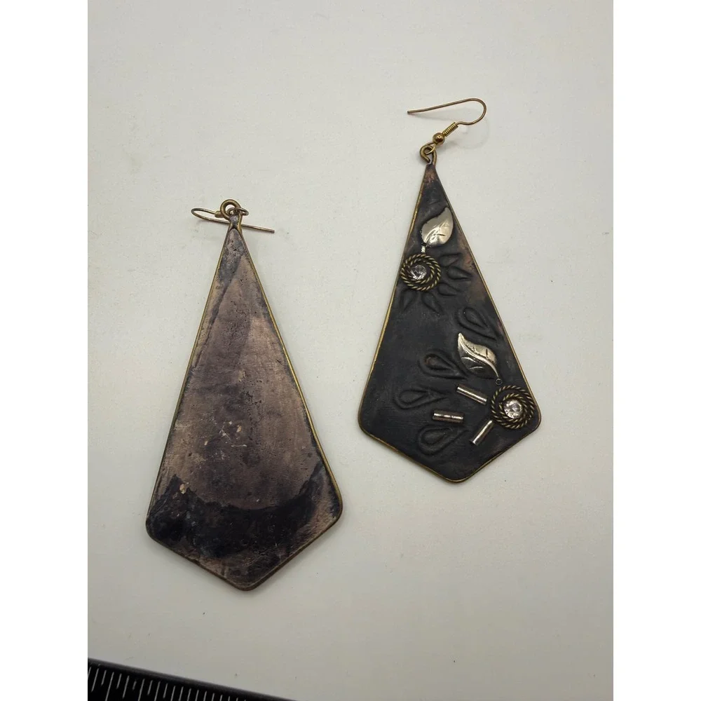 Vintage Artisan Mixed Metal Geometric Kite Drop‎ Earrings Leaf Statement